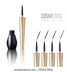 Eyeliner realistic items set with cosmetics symbols isolated vector illustration