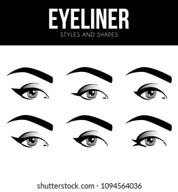 Eyeliner shapes. Various types with blue eyeliner on womens eyes. Set of different vector eyeliner shapes. Cosmetic makeup. Collection of illustrations with captions. Makeup type info graphic