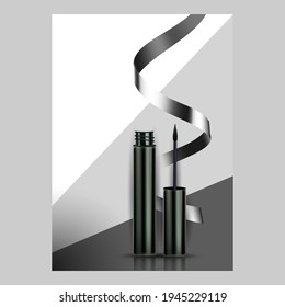Eyeliner Waterproof Cosmetic Promo Banner Vector. Eyeliner Face Skin Herbal Care Liquid, Blank Bottle, Brush And Ribbon On Advertise Marketing Poster. Style Color Concept Template Illustration