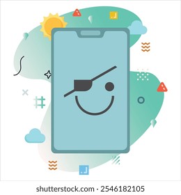 Eyepatch Emoji Expresión en la pantalla del teléfono inteligente - Ilustración digital alegre con fondo blanco y Formas Abstractas | Diseño de icono de emoji de parche ocular en la pantalla del teléfono inteligente