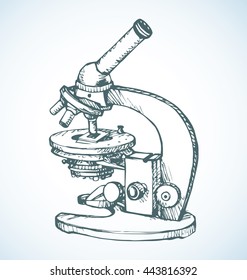 Eyepiece scope isolated on white background. Freehand outline ink hand drawn picture sketchy in retro scribble graphic style pen on paper. Closeup view with space for text