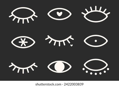 Eyes. Abstract illustrations of eyes. In love, kind eyes. Heart and figures. Icons for Mother's Day, March 8, Valentine's Day