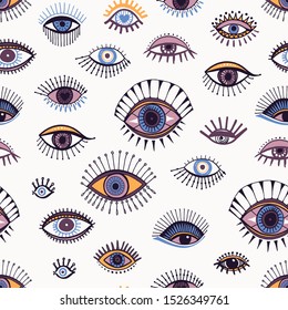 Eyes abstract pattern hand drawn, doodle print, design elements, ink colorful drawn eye. Vector illustration wallpaper, wrapping paper, textile or background.