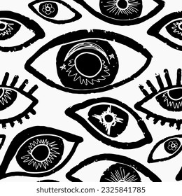 Eyes. Abstract vector seamless pattern. Minimalism, scandinavian style, linocut, texture, hippie. For design, fabric, print, clothing, wallpaper, paper.