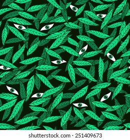 Eyes among the leaves seamless pattern. Background for pattern, web page background, wallpaper, surface textures, fills. Vector