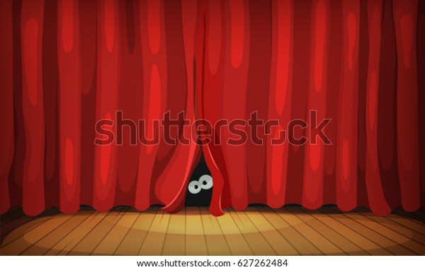 Eyes Behind\
Red Curtains On Wood Stage/\
Illustration of funny cartoon human,\
creature or animal character\'s eyes hiding and looking from behind\
red curtains in theater wooden\
stage