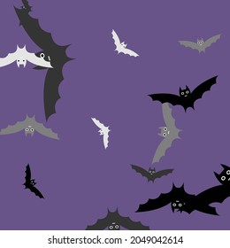 Eyes Black Purple Motion Attack Bats Vector Background. Spooky Sky Grey Night Art Flying Bats Fabrics. Creepy Colorful Retro Gothic Halloween Art Illustration. Violet Print White Scary Wallpaper.