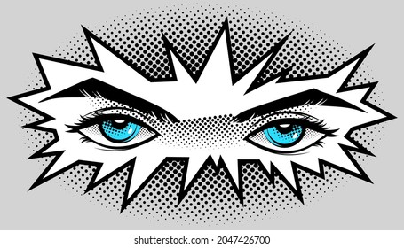 Eyes are blue in the style of manga and anime. A vector image of a piercing gaze, separated from the background.