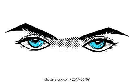 Eyes are blue in the style of manga and anime. Vector image of eyes and eyebrows, separated from background.