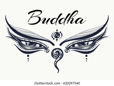 Eyes of Buddha. Wisdom concept. Hand-drawn high detailed engraved vector art. Tattoo, yoga, spiritually, textile