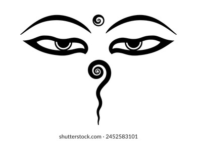 Los ojos de Buda o los ojos de la Sabiduría. Símbolo en el arte budista. Ojos medio cerrados para la vista adamantina. Por encima de la urna, un círculo con espiral. Debajo de un símbolo rizado para uno y fuego divino que emana de urna.