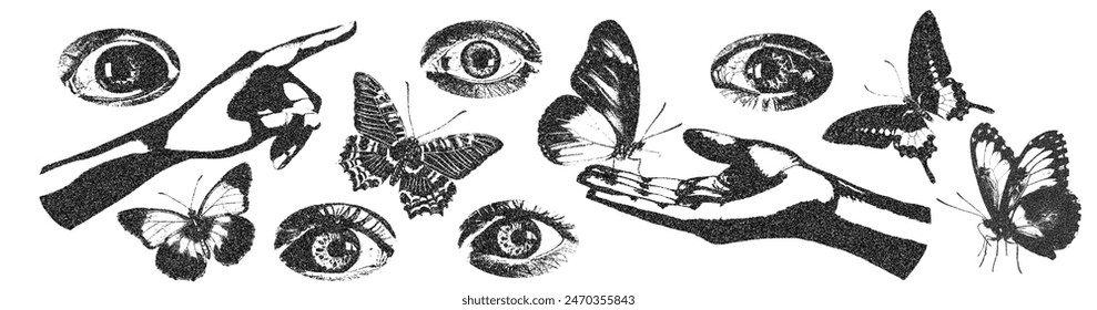 Ojos, mariposas y manos con efecto de fotocopia vintage monocromo, diseño de collage y2k. Elementos de diseño retro de semitonos Stipple. Ilustración vectorial para grunge punk póster surrealista