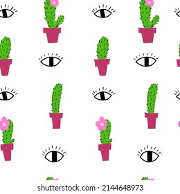 Eyes and cactuses seamless pattern in hand-drawn style. Color print on white background. Vector illustration