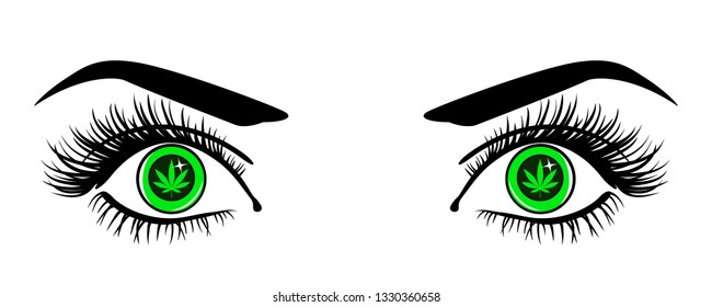 Eyes With Cannabis Symbol. Medical Marijuana Man's Green Eyes With Cannabis Inside The Pupil Of The Eye. Marijuana Smoker Eyes. Vector Illustration