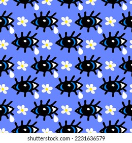 eyes and chamomiles flowers seamless trendy pattern