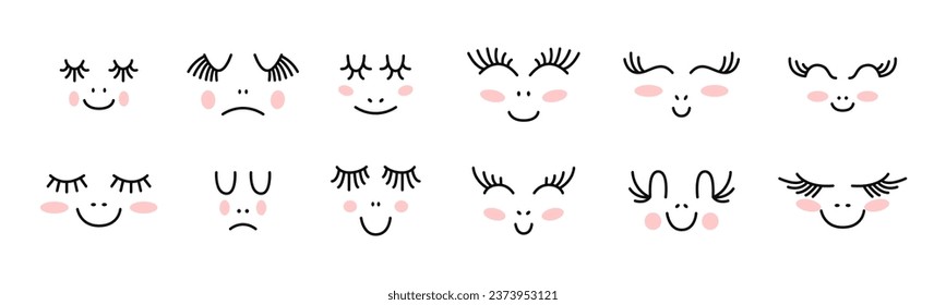 Eyes, cheeks, mouth. Cheerful, cute, sweet emotions. Flat cartoon style. Elements for children's goods, postcards, fabrics, packaging, decor. Vector set isolated on white background