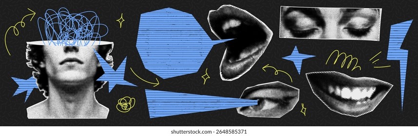 Eyes close kit smile mouth scream speech bubble eye line paper with man face in abstract retro art scrapbook style for modern pop illustration concept