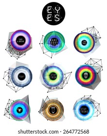 Eyes collection. Human pupil. Creative label and bubbles. low poly illustration