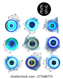 Eyes collection. Human pupil. Creative label and bubbles. low poly illustration