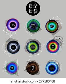 Eyes collection. Human pupil. Creative label and bubbles. low poly illustration