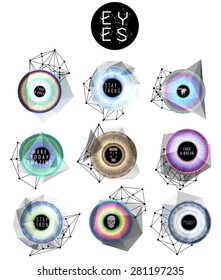 Eyes collection. Human pupil. Creative label and bubbles. low poly illustration
