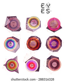Eyes collection. Human pupil. Creative label and bubbles. low poly illustration