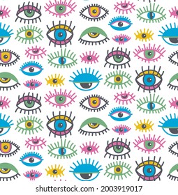 Eyes colorful hipster doodle drawn seamless vector pattern
