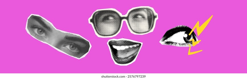 eyes concept design set with cut-out collage style graphic elements face parts smile mouth closeup body isolated retro pop art halftone dotted effect old newspaper print vintage objects