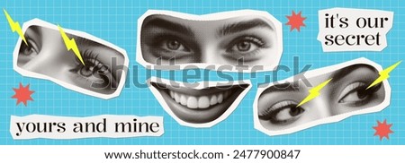 eyes concept design set with cut-out collage style graphic elements face parts smile mouth closeup body isolated retro pop art halftone dotted effect old newspaper print vintage objects