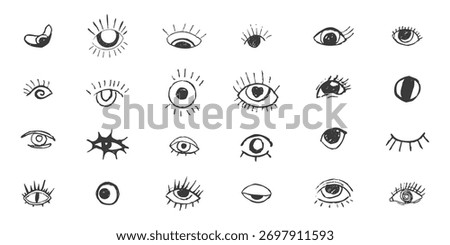 Eyes Crazy doodle black eyes. Open eye creative hand drawn human parts of faces elements, various opened eyes. Black ink vision icon, hand drawn grunge ophthalmologist symbol, drawn charcoal eyes