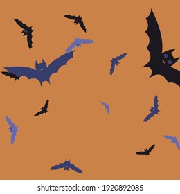 Eyes Creepy Print Attack Simple Art. Chaos Orange Scary Retro Purple Bats Vector Illustration. Black Motion Sky Night Halloween Modern Design. Spooky Gothic Colorful Violet Art Flying Bats Fabrics.