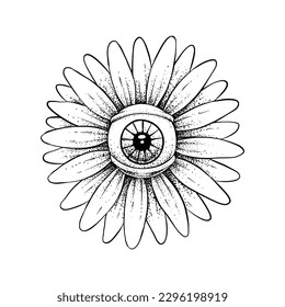 The eyes of the daisy are drawn using the pointillism technique in black and white.