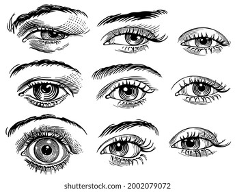 Ojos. Conjunto de diseño. Ilustración editable dibujada a mano. Grabado de vectores. Aislado sobre fondo blanco. 8 EPS