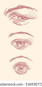 Eyes. Design set. Hand drawn engraving. Editable vector vintage illustration. Isolated on light background. 8 EPS