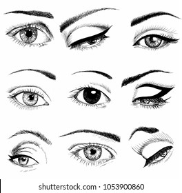 Eyes of different shapes and makeup set . Hand drawn. Sketch