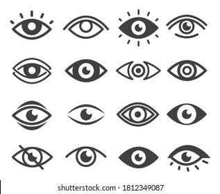 Eyes in different styles bold black silhouette icons set isolated on white. Vision test, lenses, spy upon pictograms collection, logos. Third eye, eyelashes vector elements for infographic, web.