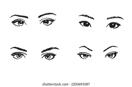 Ilustración vectorial digital Eyes.Set. Diferentes nacionalidades. Hand atrajo ojos de mujeres monocromáticas para la industria cosmética de la moda. El maquillaje de un salón de belleza deja tatuajes en las cejas. Asalto ocular de masaje facial.