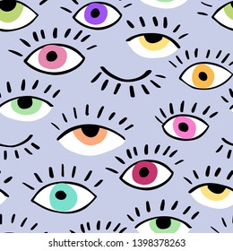 Eyes doodle vector hand drawn seamless pattern. Closed and open eye. The pattern for the fabric, cover. Ornament for wrapping paper. 