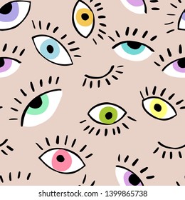 Eyes doodle vector hand drawn seamless pattern. Closed and open eye. The pattern for the fabric, cover. Ornament for wrapping paper. 