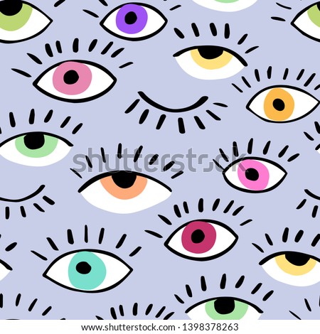 Eyes doodle vector hand drawn seamless pattern. Closed and open eye. The pattern for the fabric, cover. Ornament for wrapping paper. 