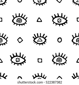 Eyes Dreamer. Vector seamless hand drawn pattern of eyes with eyelashes and mad pupils from simple shapes.