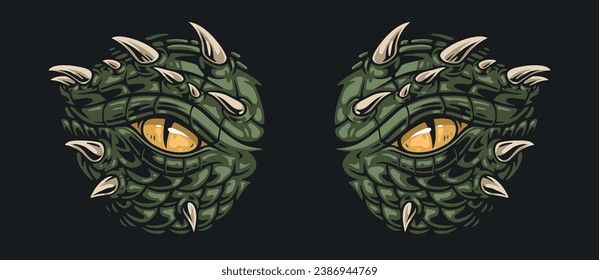 Eyes eastern dragon colorful sticker with look of fantastic predator in dark with green scales and miniature horns vector illustration