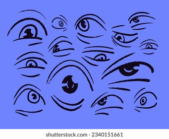 Eyes expressions, negative emotions set. Expressing evil, fear, shock, disgust, fright and hate reactions, mood. Feeling scared, angry, tired, unhappy. Hand-drawn isolated vector illustrations