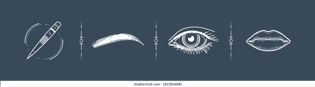 eyes, eyebrows, lips - set of linear vector icons. tattoo for the face. cosmetology. beauty services. facial tattoo machine. youth and beauty