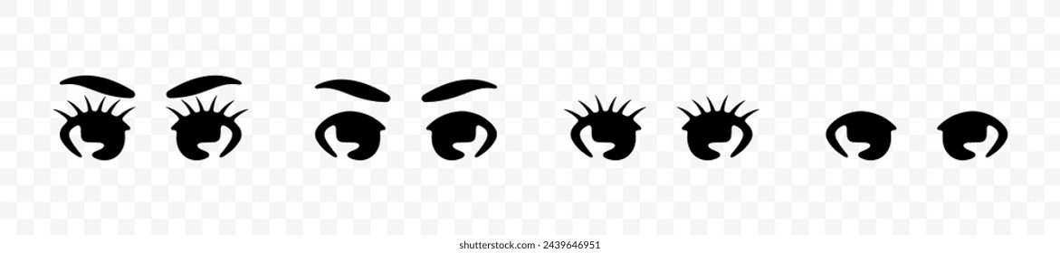 Eyes with eyelashes and eyebrows, cartoon and doll, graphic design. Face, male and female, people in anime style, vector design and illustration