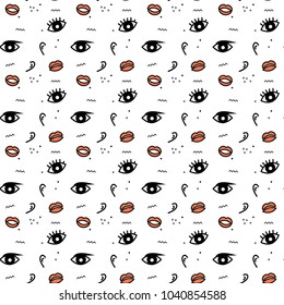 Eyes with eyelashes eyes with eyebrows lips ears seamless pattern