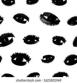 Eyes with eyelashes grunge vector seamless pattern. Hand drawn ink illustration. Background with parts of human face. Open eyes with eyelashes decorative monochrome texture. 