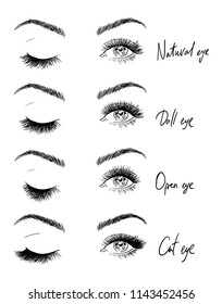 Eyes with eyelashes. Types of eyelash extensions.