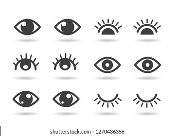 Iconos de ojos y pestañas. Conjunto de iconos de ojos humanos abiertos y cerrados, siluetas gráficas lindas ojos vectoriales