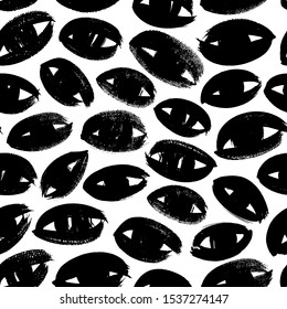 Eyes and eyelids seamless pattern. Ink brush black shapes, paint smears vector illustration. Monochrome smudges grunge texture. Brush stroke stains backdrop. Textile, wallpaper, wrapping paper design